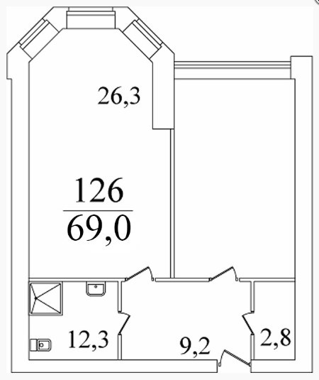 Двухкомнатная квартира 69 м²