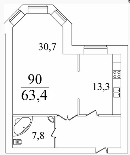 Двухкомнатная квартира 63.3 м²